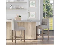Conjunto de 2 taburetes de bar con respaldo, madera maciza y tela, tapizado, gris y natural (47x50x101cm)
