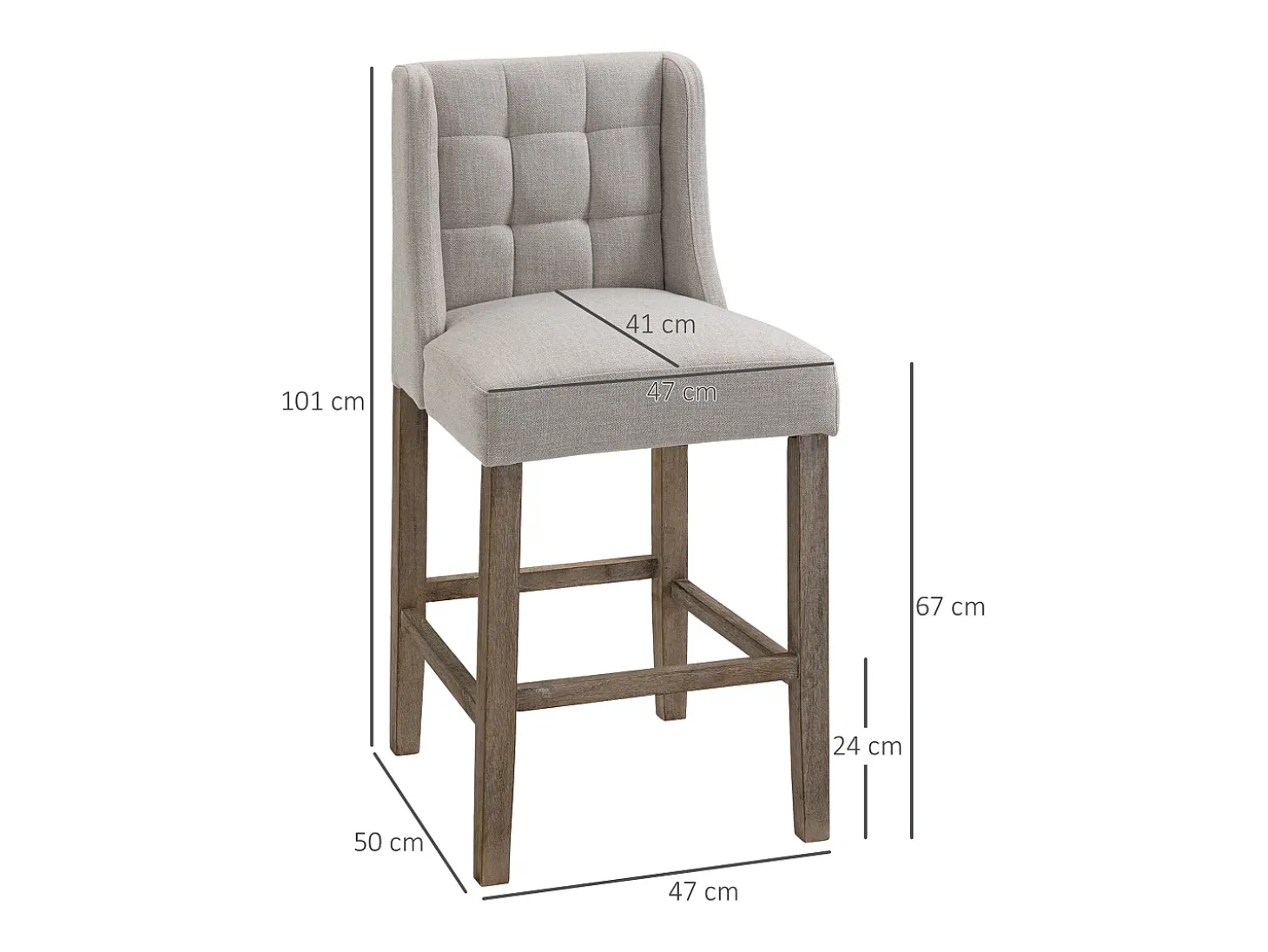 Conjunto de 2 taburetes de bar con respaldo, madera maciza y tela, tapizado, gris y natural (47x50x101cm)