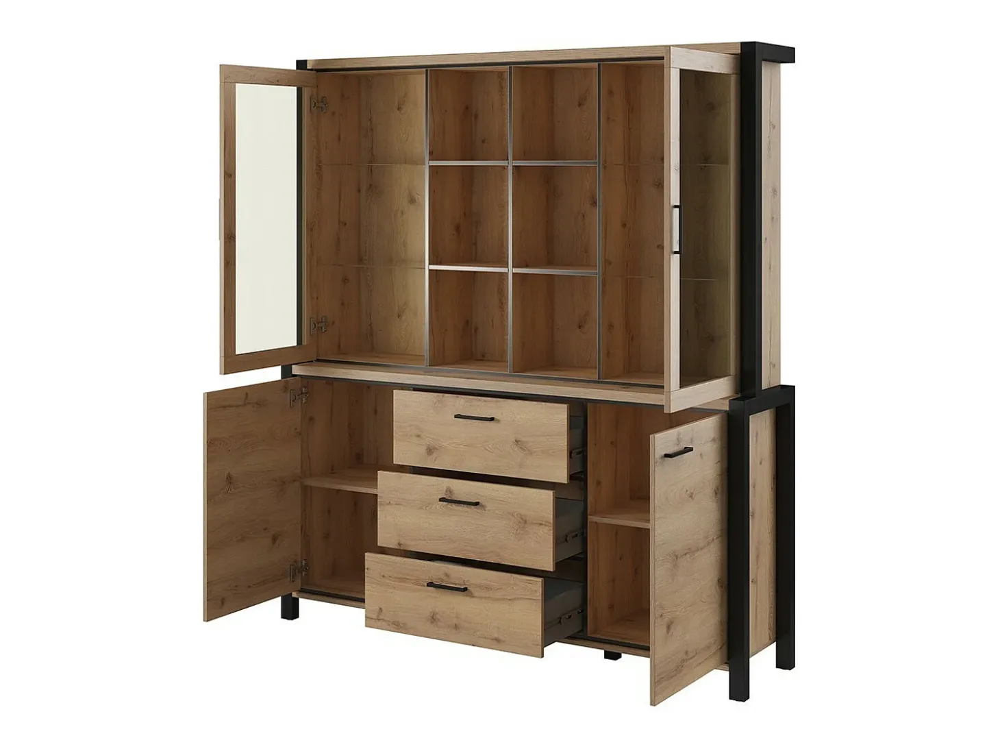Conjunto de bufé y alacena con iluminación LED colección TIVORA. Mueble de 4 puertas, 3 cajones. Color roble y negro.
