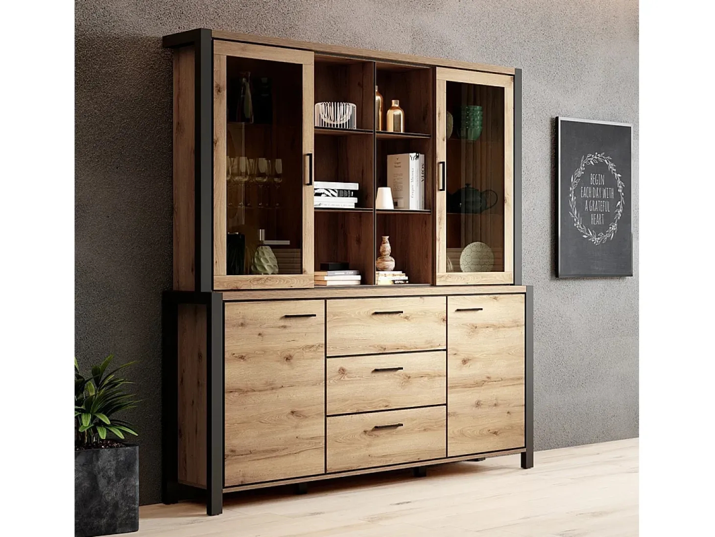 Conjunto de bufé y alacena con iluminación LED colección TIVORA. Mueble de 4 puertas, 3 cajones. Color roble y negro.