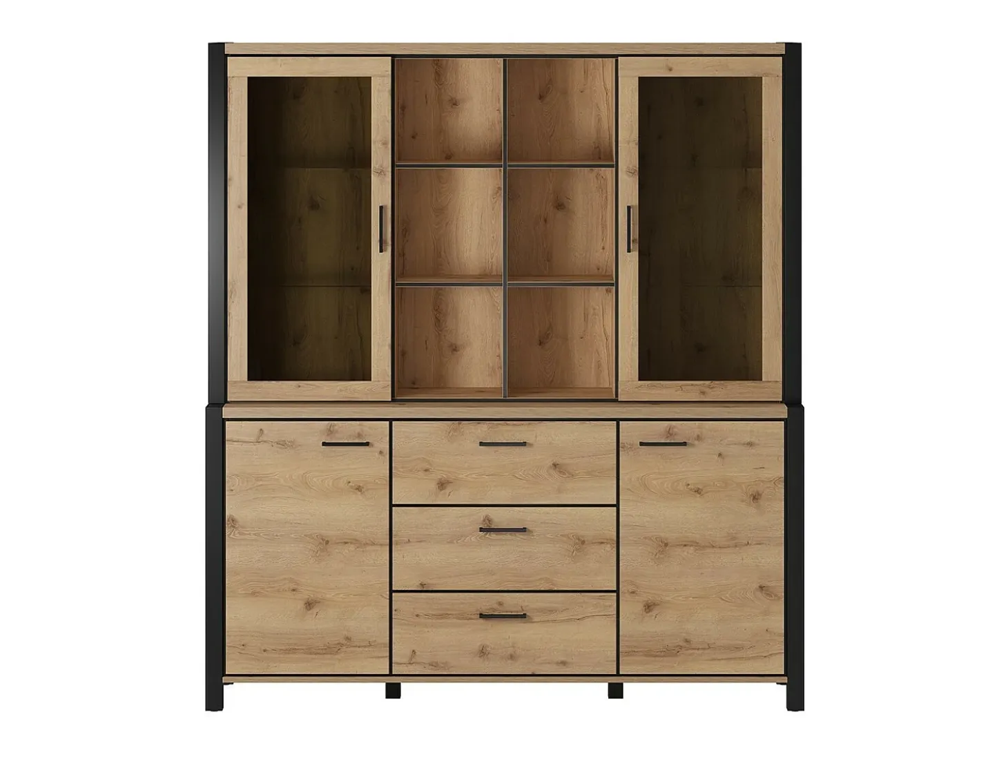 Conjunto de bufé y alacena con iluminación LED colección TIVORA. Mueble de 4 puertas, 3 cajones. Color roble y negro.