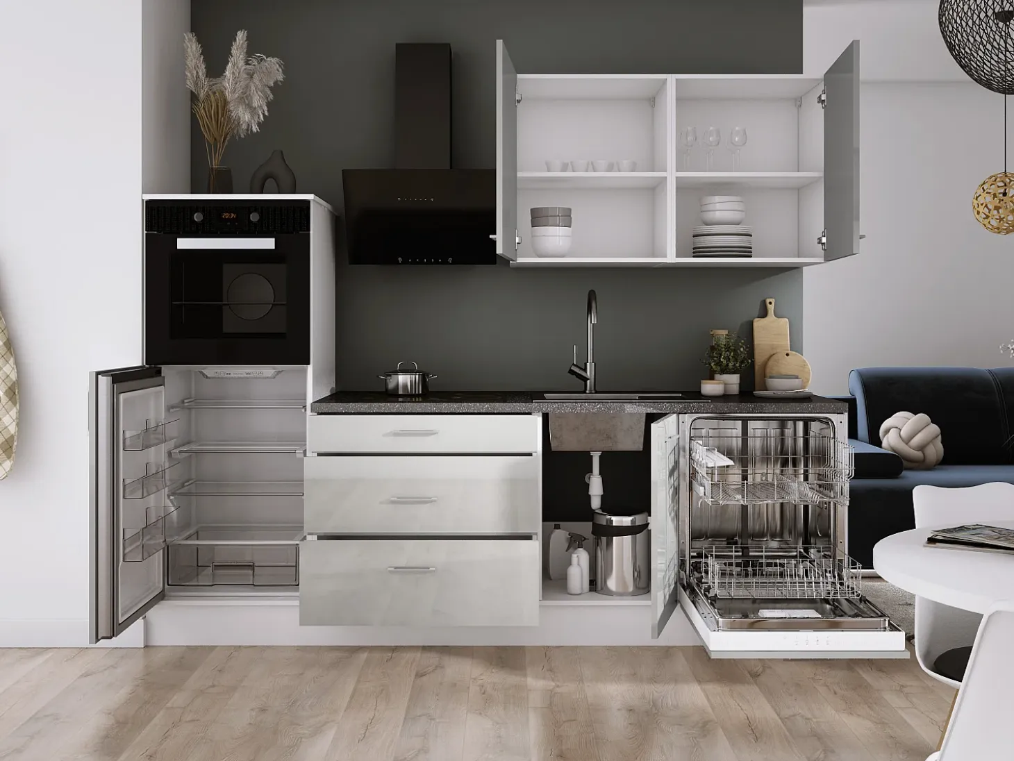 Conjunto de cocina: Blanco Mate, Gris Hielo, dimensiones: ancho: 250 cm, alto: 220 cm, fondo: 60 cm
