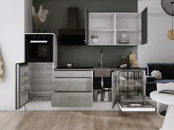 Conjunto de cocina: Blanco Mate, Gris Brillo, dimensiones: ancho: 250 cm, alto: 220 cm, fondo: 60 cm