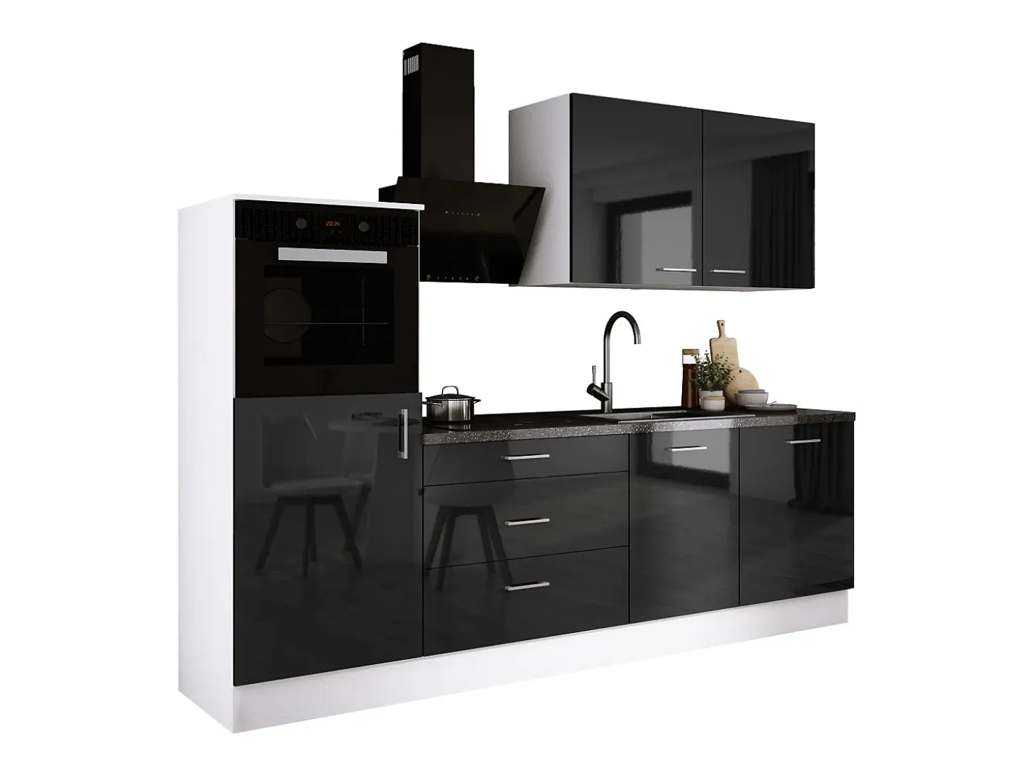 Conjunto de cocina: Blanco Mate, Negro Brillo, dimensiones: ancho: 250 cm, alto: 220 cm, fondo: 60 cm