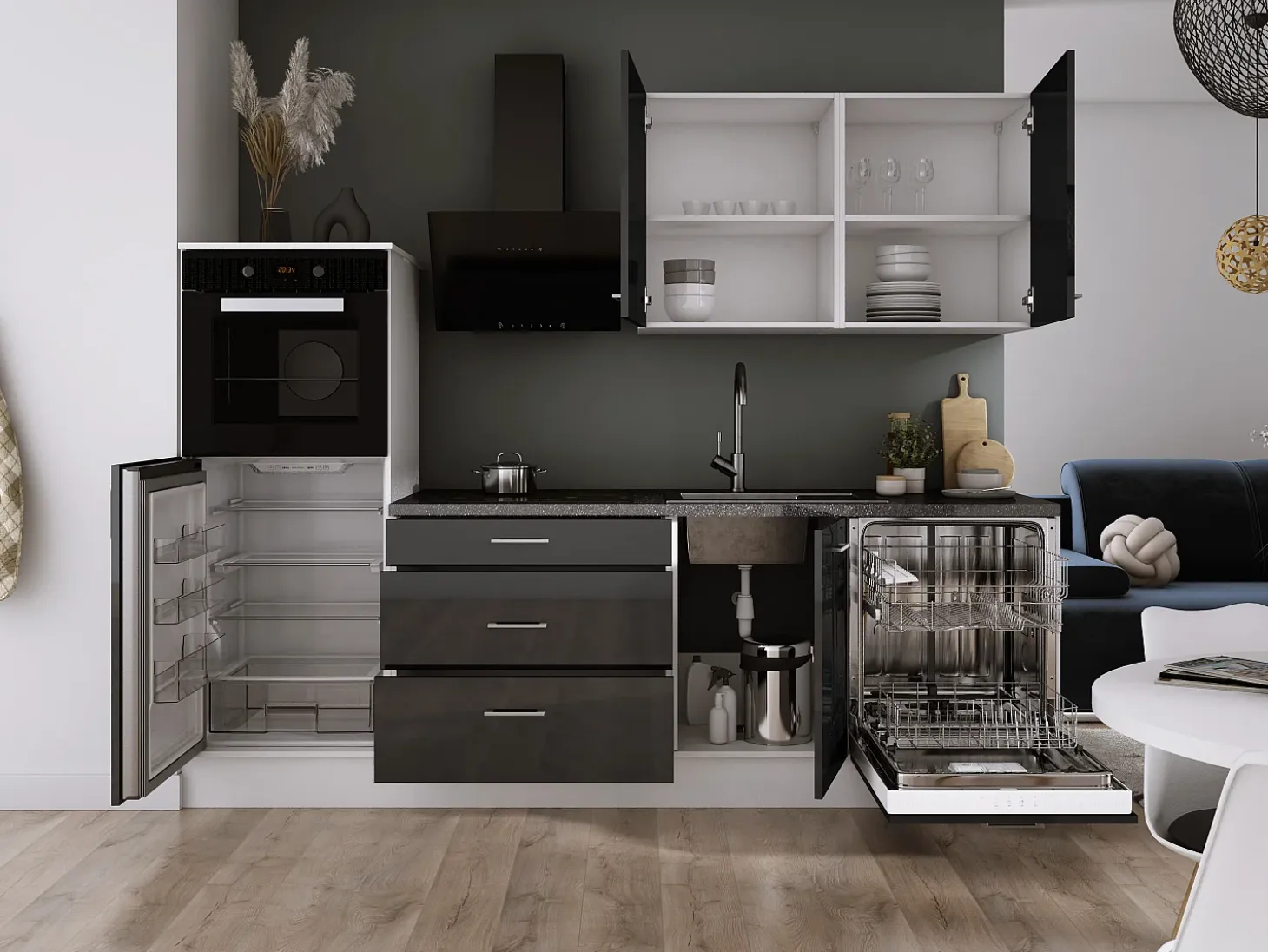 Conjunto de cocina: Blanco Mate, Negro Brillo, dimensiones: ancho: 250 cm, alto: 220 cm, fondo: 60 cm