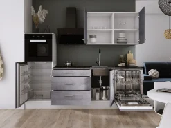 Conjunto de cocina: Blanco Mate, Hormigón, dimensiones: ancho: 250 cm, alto: 220 cm, fondo: 60 cm