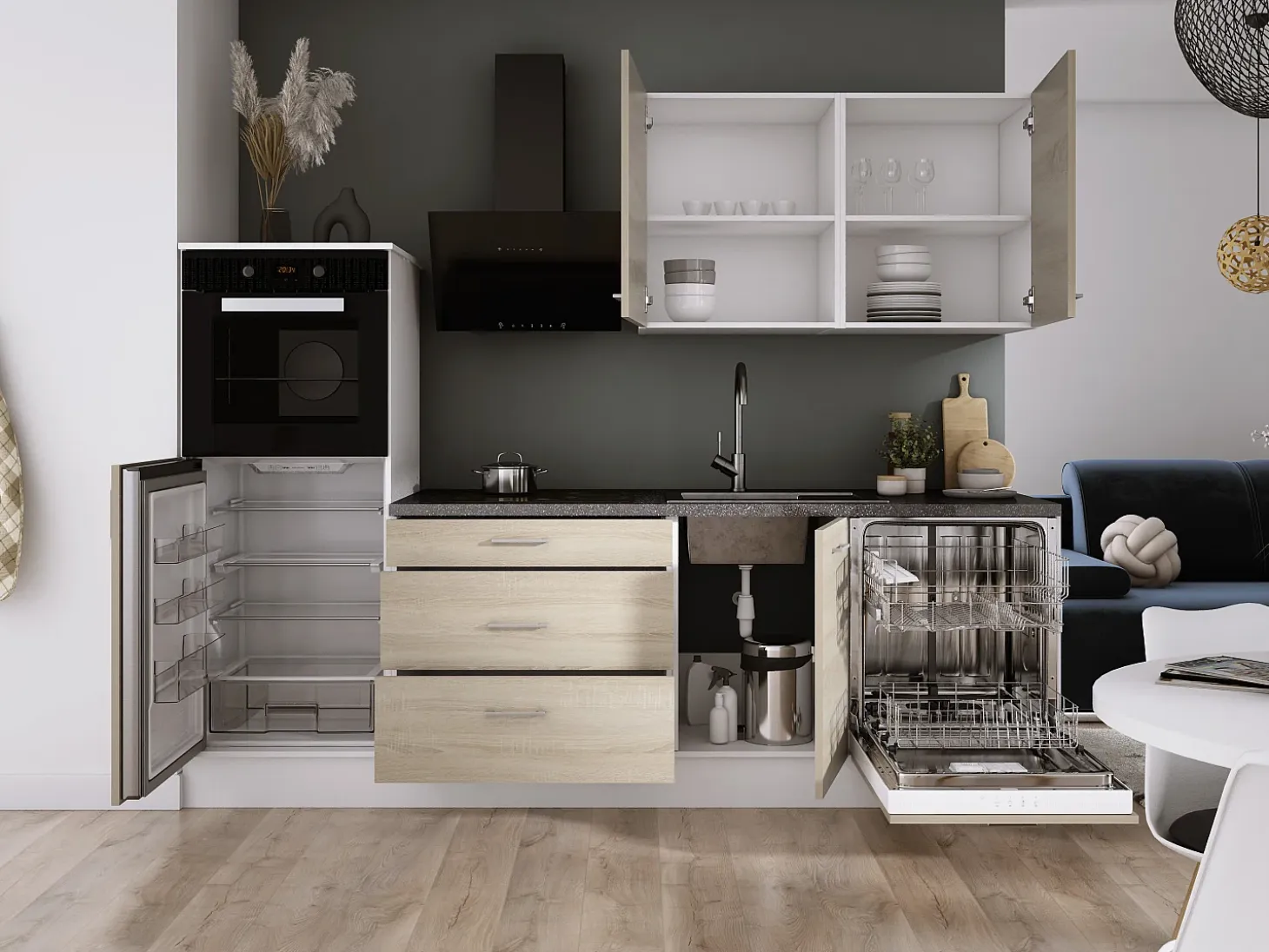 Conjunto de cocina: Blanco Mate, Roble Sonoma, dimensiones: ancho: 250 cm, alto: 220 cm, fondo: 60 cm