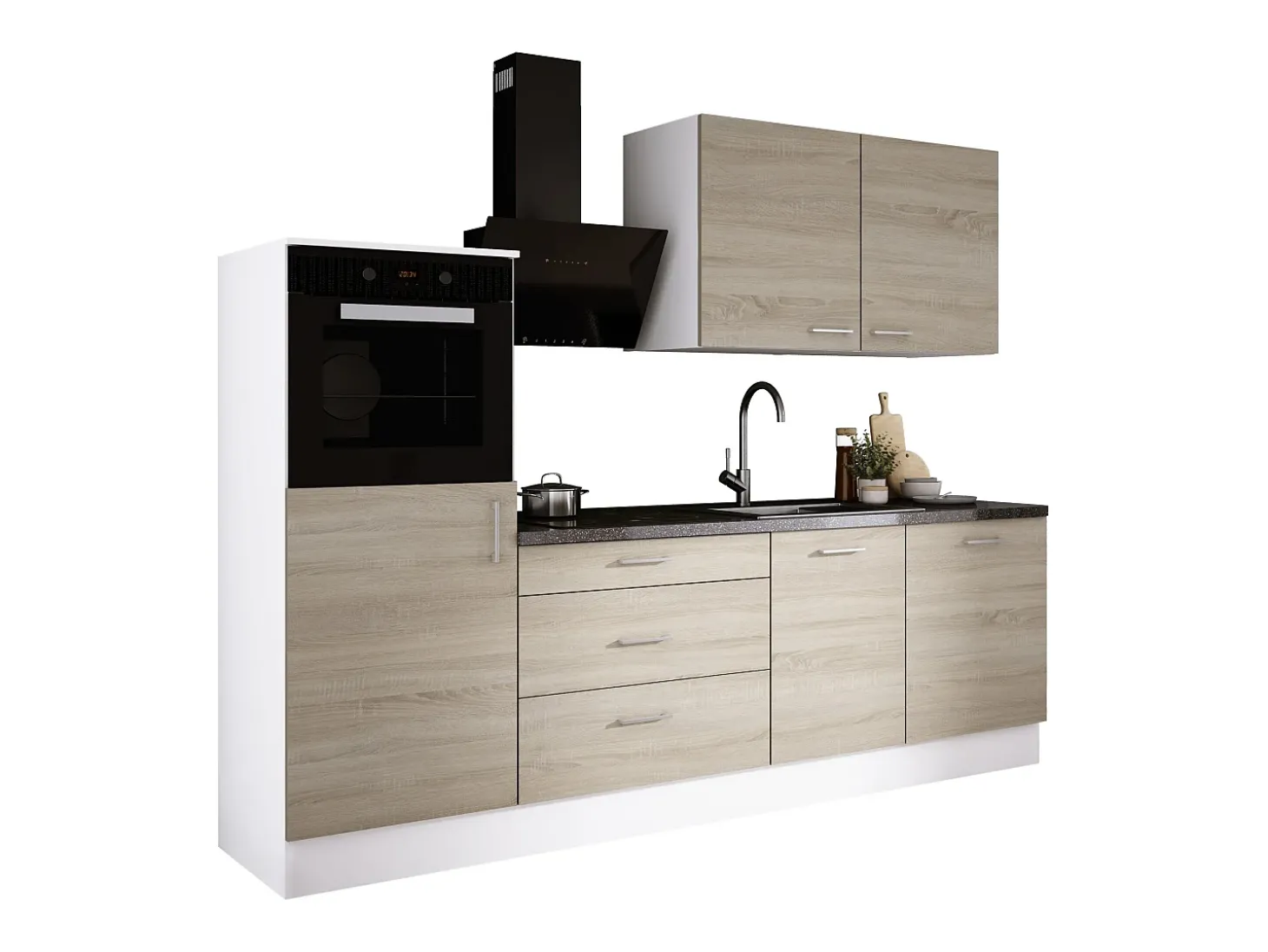 Conjunto de cocina: Blanco Mate, Roble Sonoma, dimensiones: ancho: 250 cm, alto: 220 cm, fondo: 60 cm