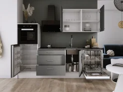 Conjunto de cocina: Blanco Mate, Gris Mate, dimensiones: largo: 250 cm, alto: 220 cm, fondo: 60 cm