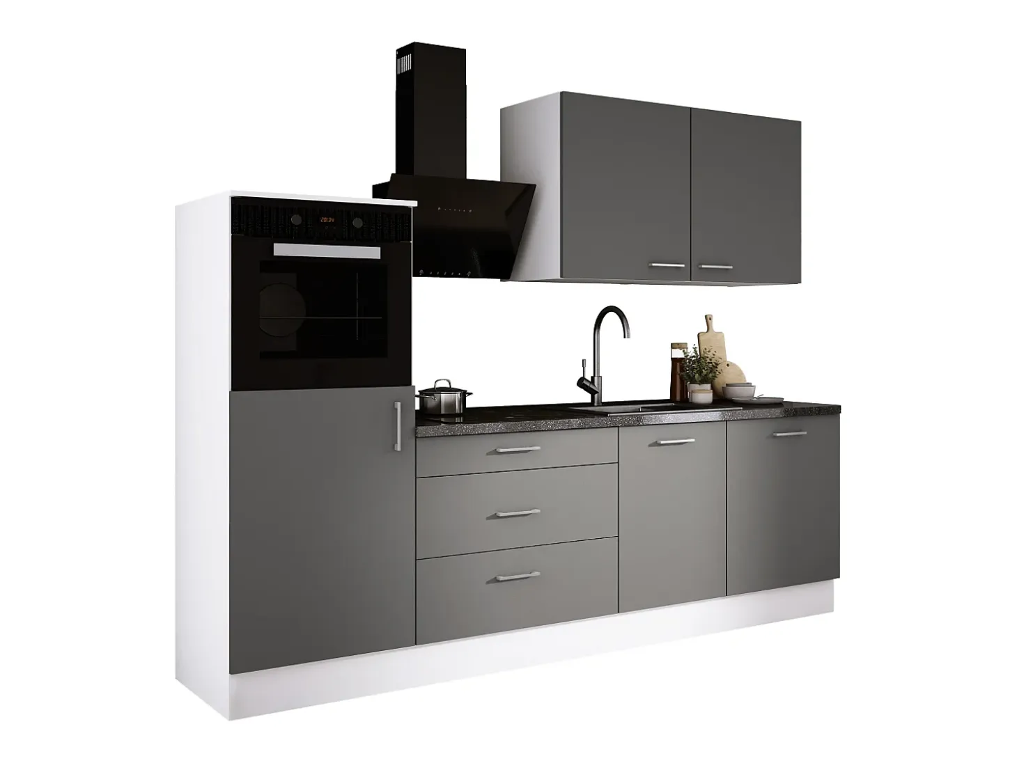 Conjunto de cocina: Blanco Mate, Gris Mate, dimensiones: largo: 250 cm, alto: 220 cm, fondo: 60 cm