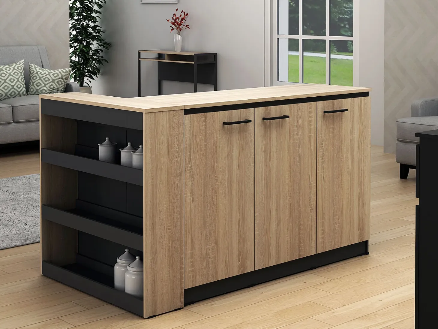 Conjunto de isla de cocina + 2 taburetes - Negro y Natural Claro - NUSICE
