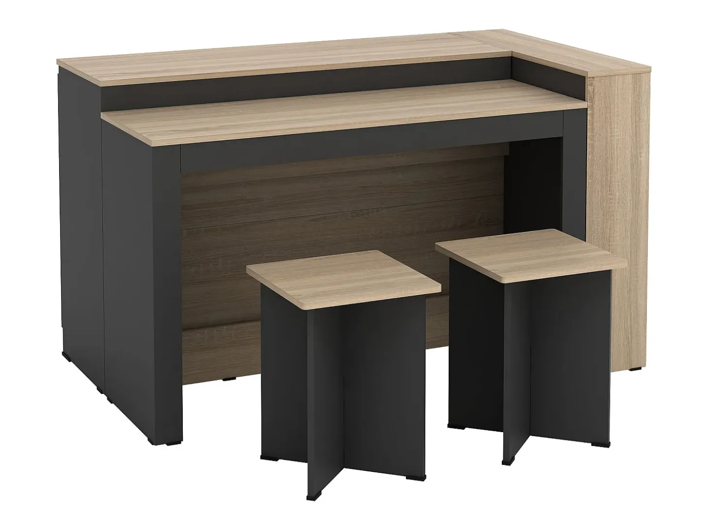 Conjunto de isla de cocina + 2 taburetes - Negro y Natural Claro - NUSICE