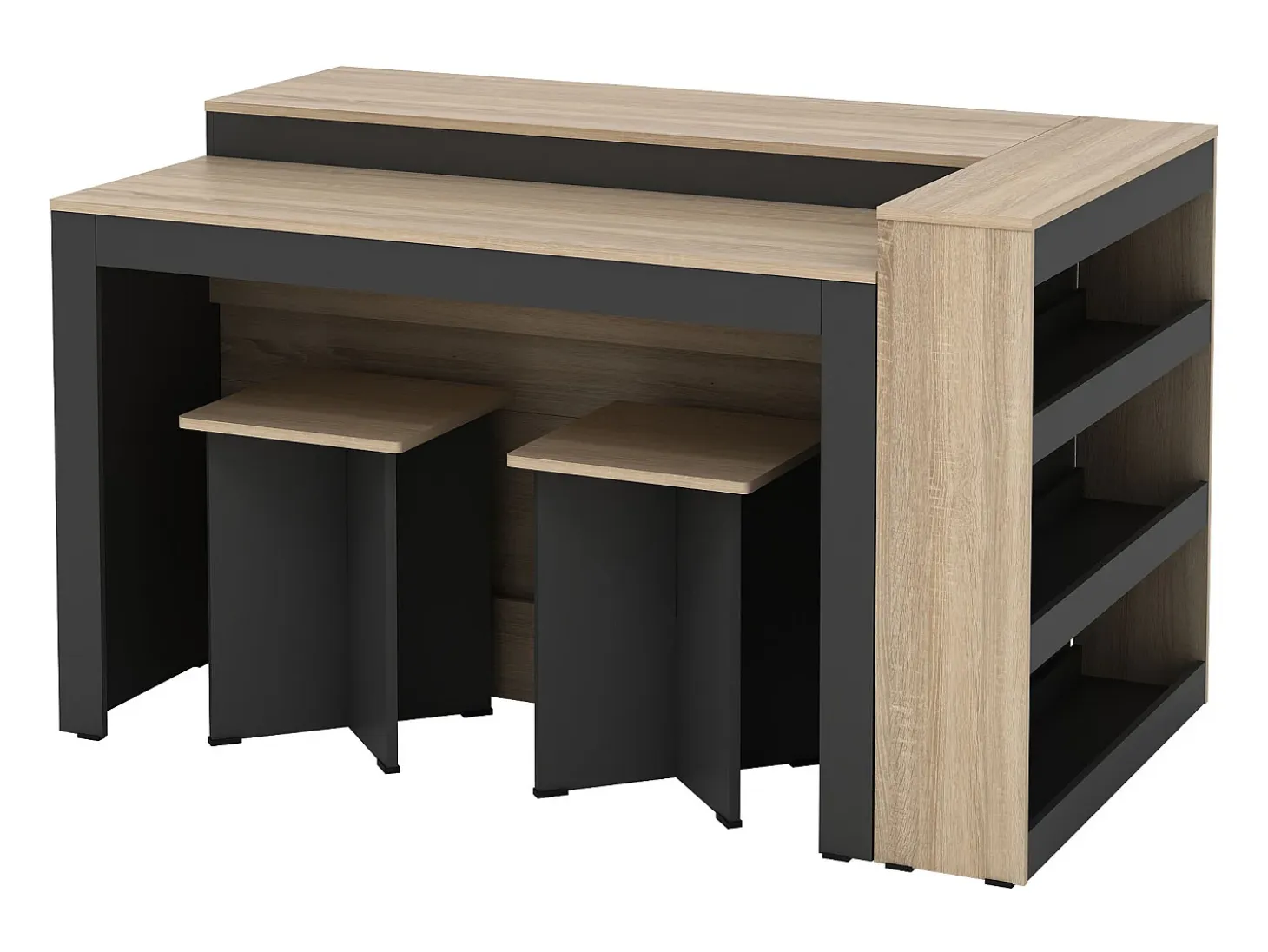 Conjunto de isla de cocina + 2 taburetes - Negro y Natural Claro - NUSICE
