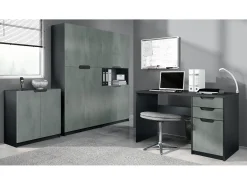 Conjunto de muebles de oficina Logan, cuerpo en negro mate / frentes en hormigón oscuro