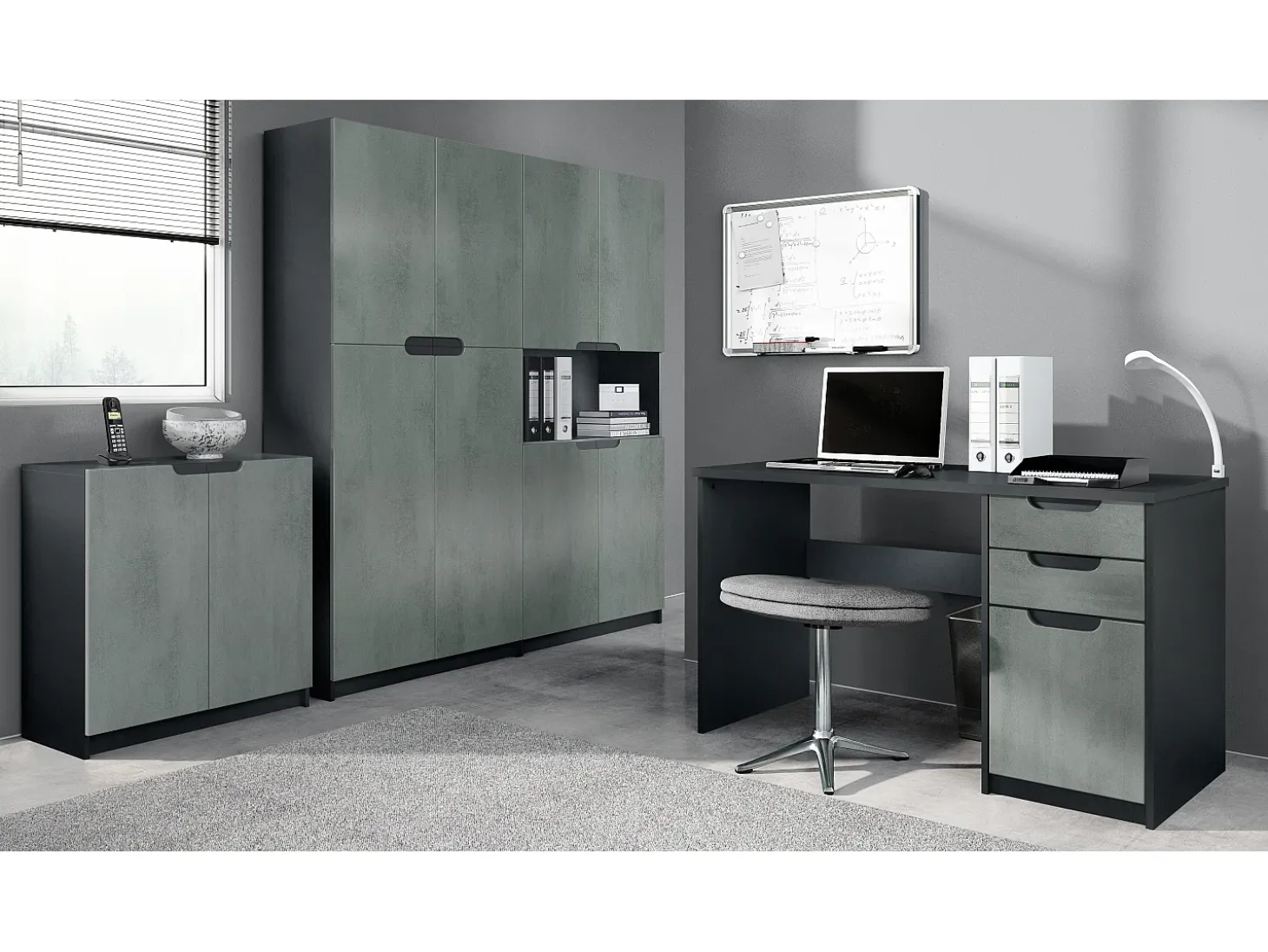 Conjunto de muebles de oficina Logan, cuerpo en negro mate / frentes en hormigón oscuro