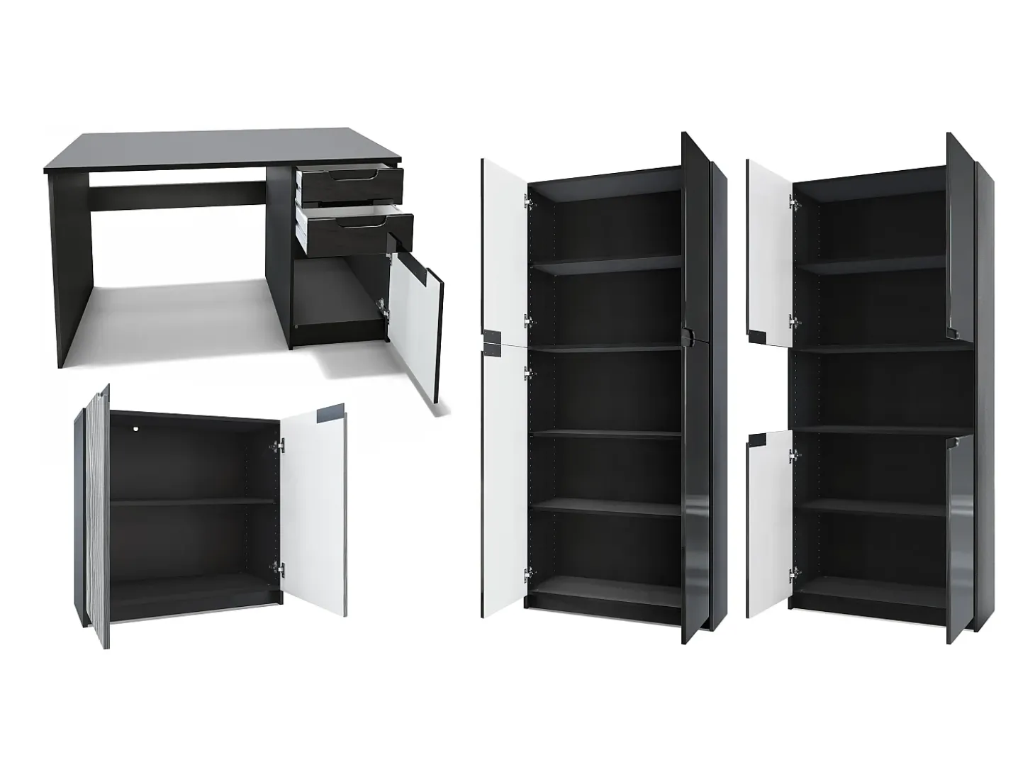 Conjunto de muebles de oficina Logan, cuerpo en negro mate / frentes en hormigón oscuro