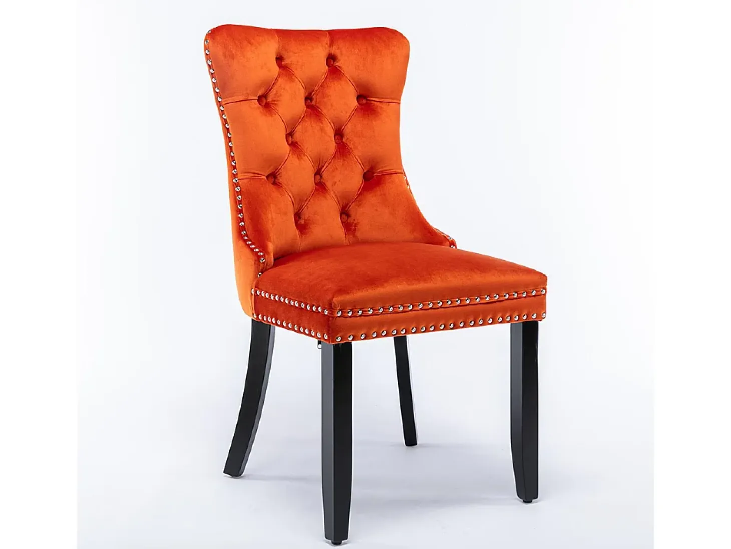 Conjunto de sillas de comedor, con patas de madera y tapizado con tachuelas, revestimiento de terciopelo, estructura de madera maciza, naranja