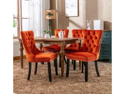 Conjunto de sillas de comedor, con patas de madera y tapizado con tachuelas, revestimiento de terciopelo, estructura de madera maciza, naranja