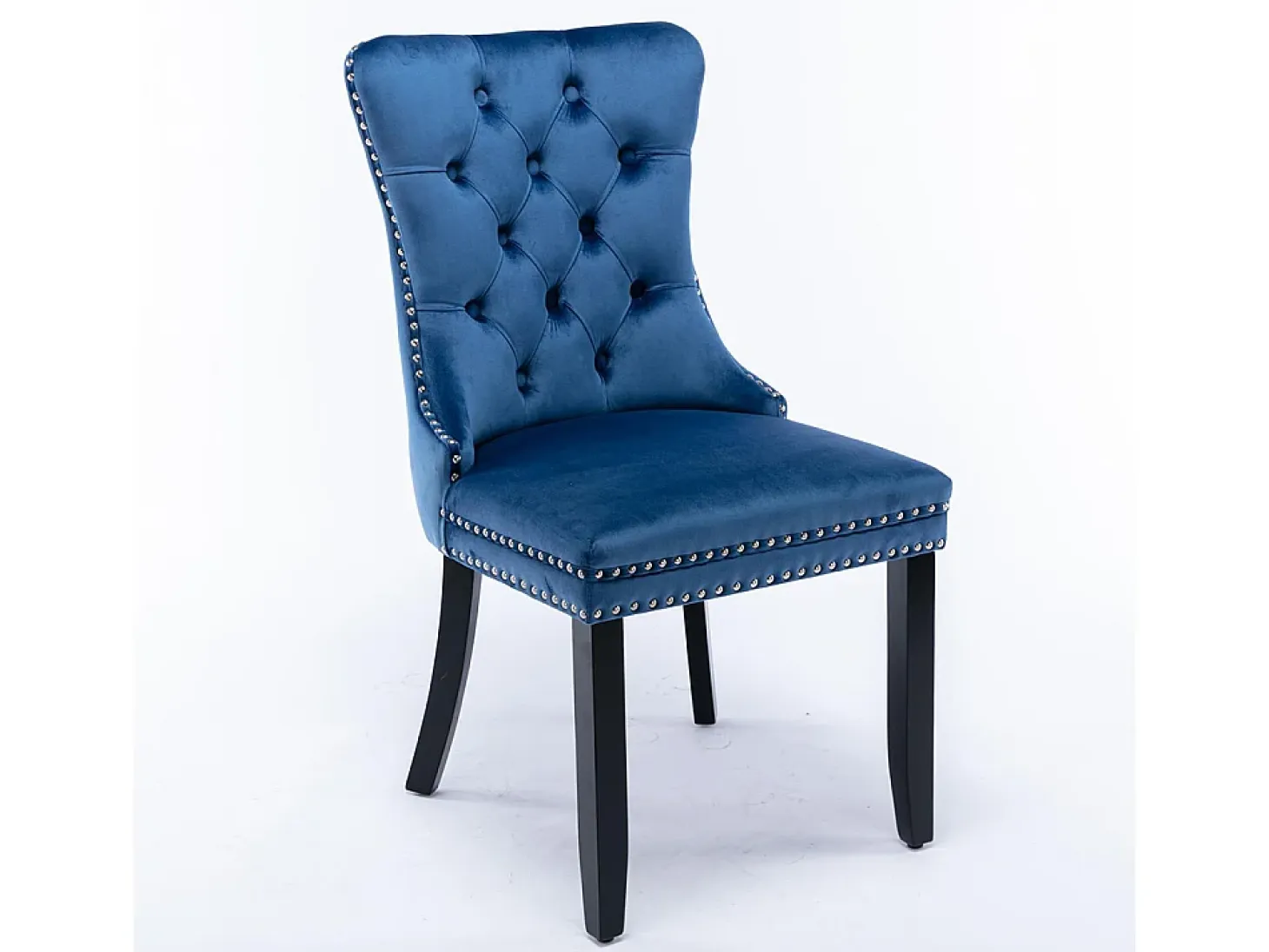 Conjunto de sillas de comedor, con patas de madera y tapizado con tachuelas, revestimiento de terciopelo, estructura de madera maciza, azul