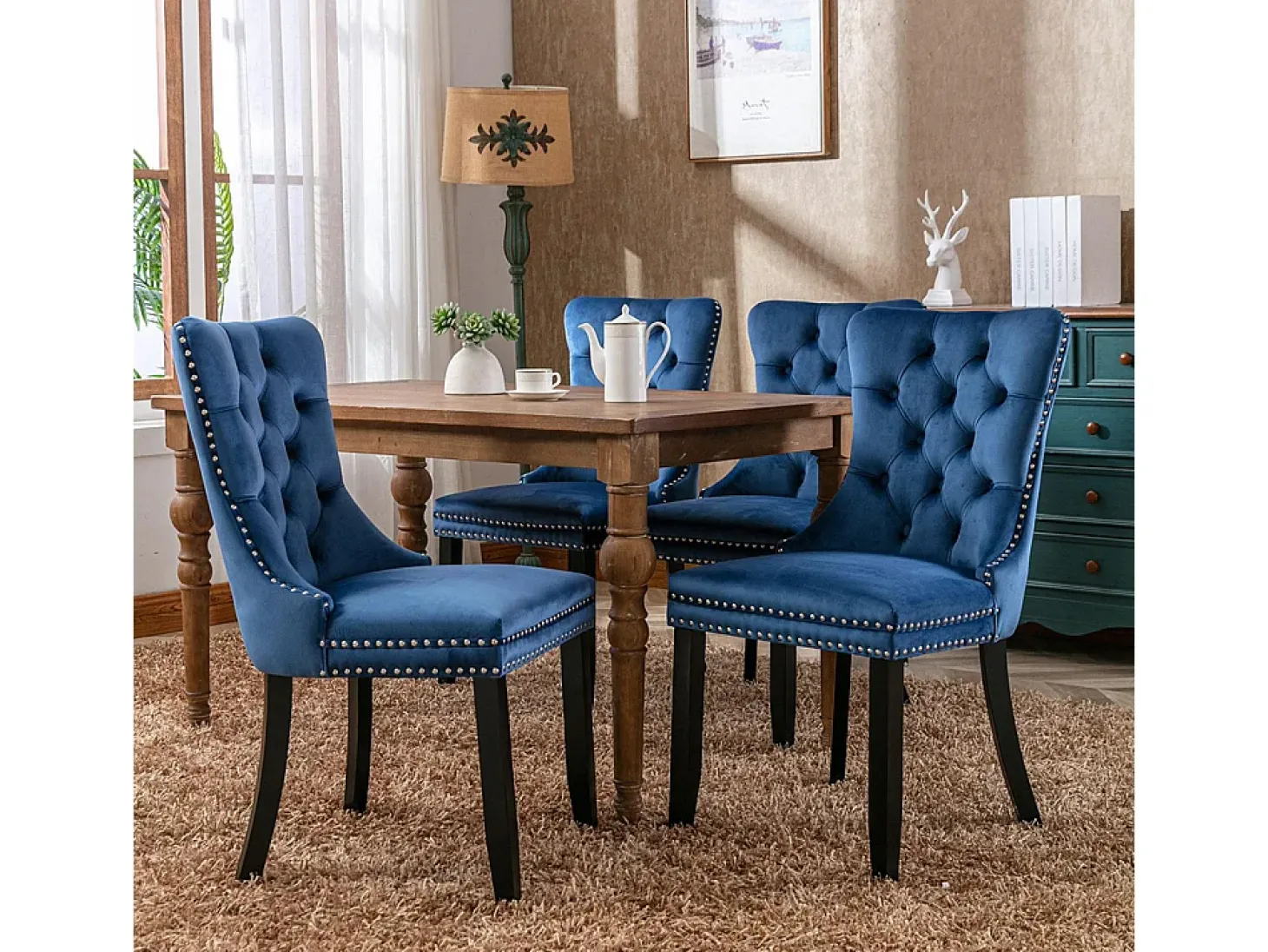 Conjunto de sillas de comedor, con patas de madera y tapizado con tachuelas, revestimiento de terciopelo, estructura de madera maciza, azul