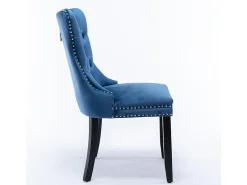 Conjunto de sillas de comedor, con patas de madera y tapizado con tachuelas, revestimiento de terciopelo, estructura de madera maciza, azul
