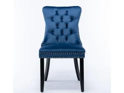 Conjunto de sillas de comedor, con patas de madera y tapizado con tachuelas, revestimiento de terciopelo, estructura de madera maciza, azul
