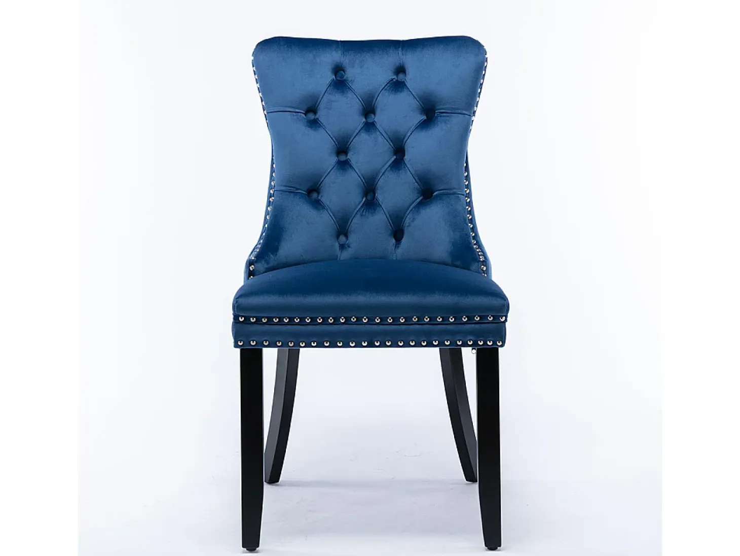 Conjunto de sillas de comedor, con patas de madera y tapizado con tachuelas, revestimiento de terciopelo, estructura de madera maciza, azul