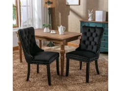 Conjunto de sillas de comedor, con patas de madera y tapizado con tachuelas, revestimiento de terciopelo, estructura de madera maciza, negro