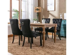 Conjunto de sillas de comedor, con patas de madera y tapizado con tachuelas, revestimiento de terciopelo, estructura de madera maciza, negro