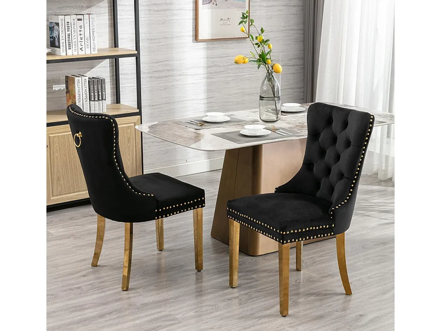 Conjunto de sillas de comedor de terciopelo, diseño contemporáneo de alta gama acolchado, madera maciza, negro y dorado