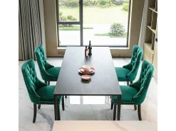 Conjunto de sillas de comedor, con patas de madera y adornos de tachuelas, tapizado de terciopelo, estructura de madera maciza, verde