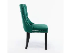 Conjunto de sillas de comedor, con patas de madera y adornos de tachuelas, tapizado de terciopelo, estructura de madera maciza, verde