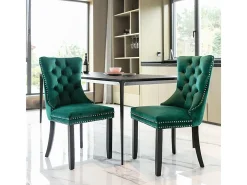 Conjunto de sillas de comedor, con patas de madera y adornos de tachuelas, tapizado de terciopelo, estructura de madera maciza, verde