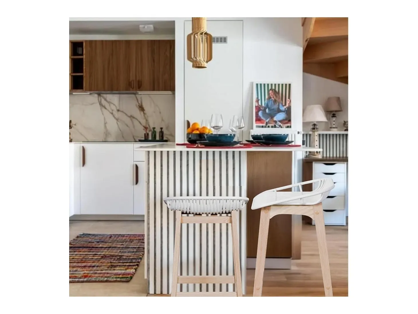 Conjunto de sillas de isla y bar MALMO de roble de 65 cm con asiento de plástico