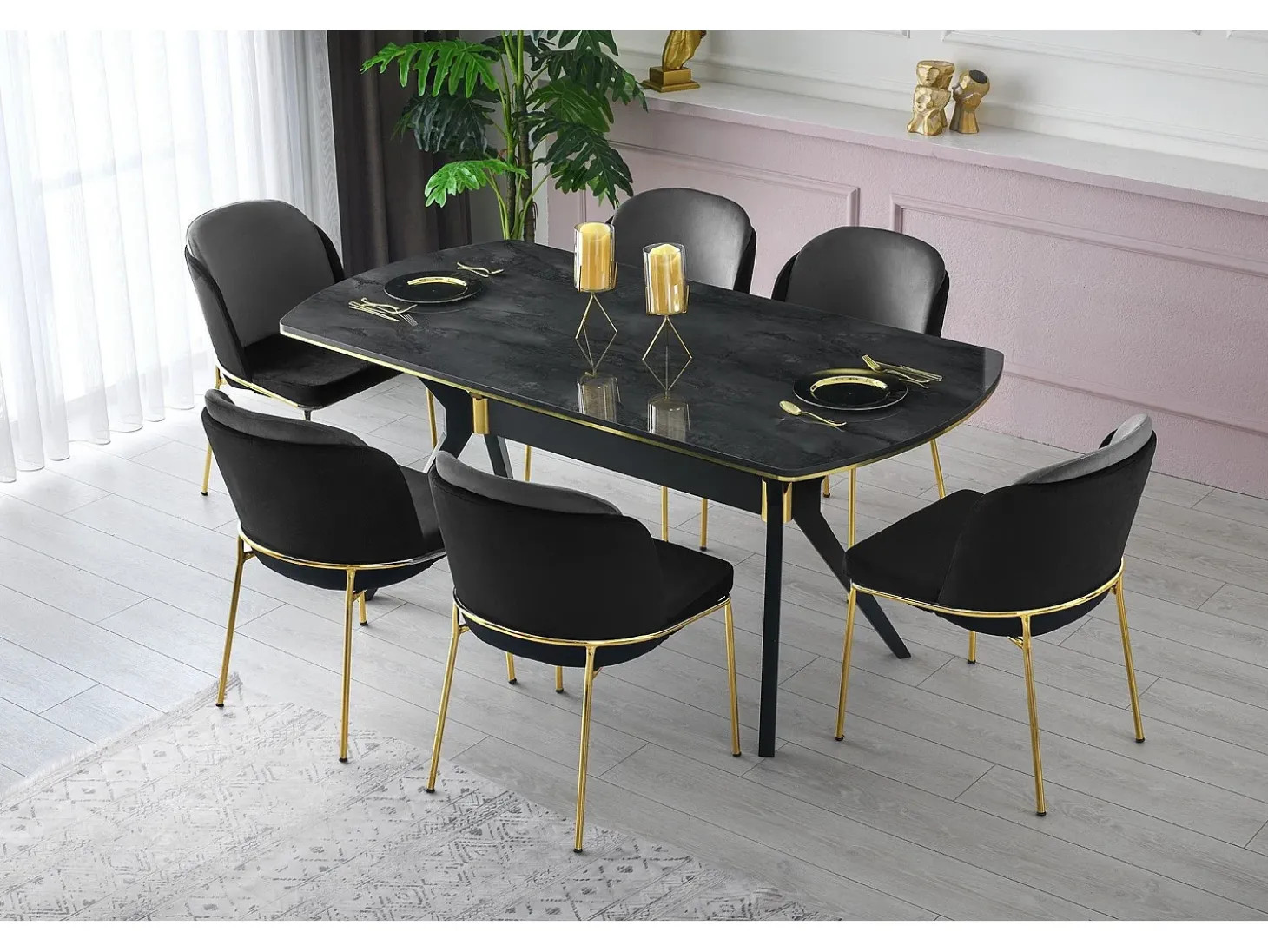 Conjunto de sillas Kailua 1649, Negro|Dorado, 86x54x55cm, Tapiz, Metálico