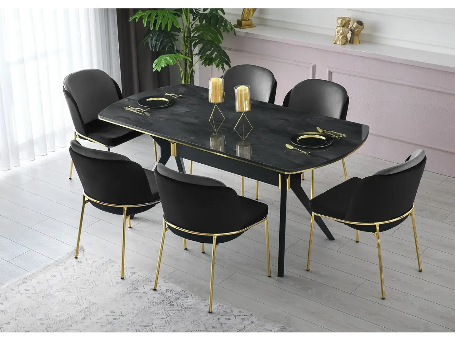 Conjunto de sillas Kailua 1649, Negro|Dorado, 86x54x55cm, Tapiz, Metálico