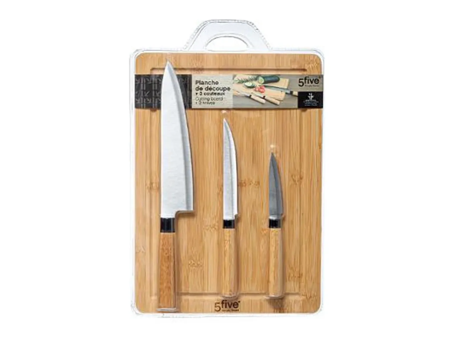 Conjunto de tabla + 3 cuchillos bambú natural/inox
