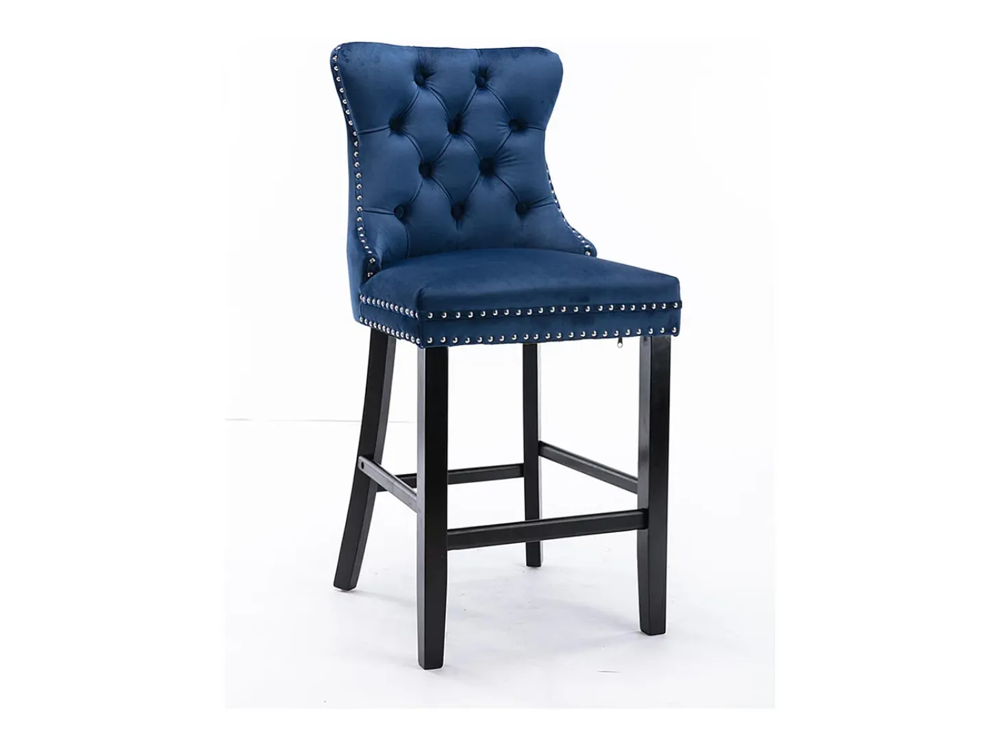Conjunto de taburetes de bar con remaches decorativos y patas de madera, tapizado cromado con tachuelas, revestimiento de terciopelo, azul