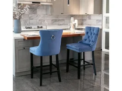 Conjunto de taburetes de bar con remaches decorativos y patas de madera, tapizado cromado con tachuelas, revestimiento de terciopelo, azul