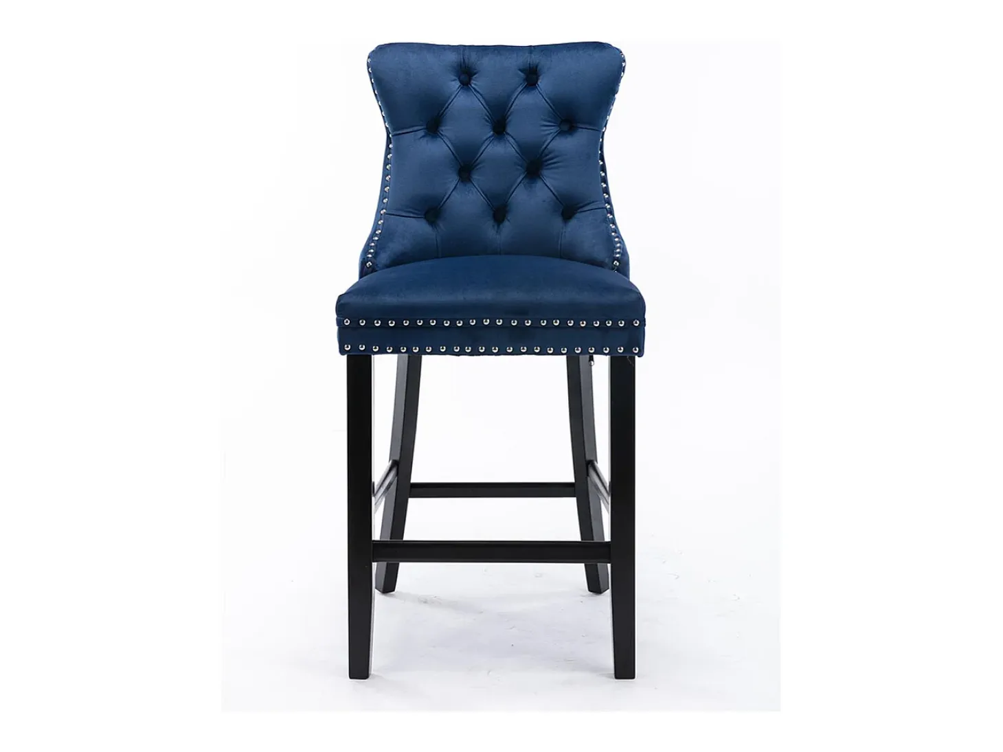 Conjunto de taburetes de bar con remaches decorativos y patas de madera, tapizado cromado con tachuelas, revestimiento de terciopelo, azul