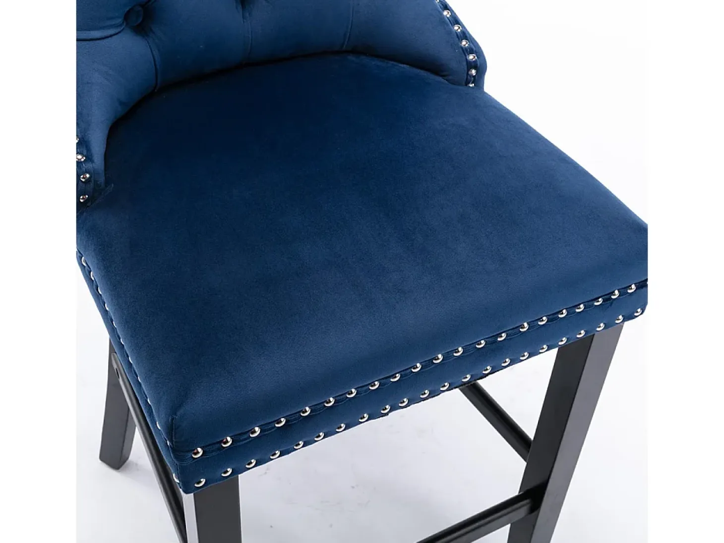 Conjunto de taburetes de bar con remaches decorativos y patas de madera, tapizado cromado con tachuelas, revestimiento de terciopelo, azul