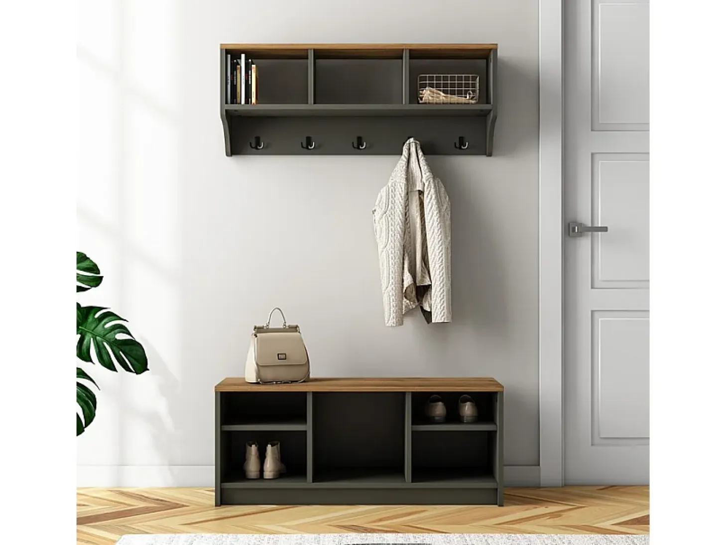 Conjunto muebles recibidor: banco zapatero y perchero de pared de madera Parson - Negro