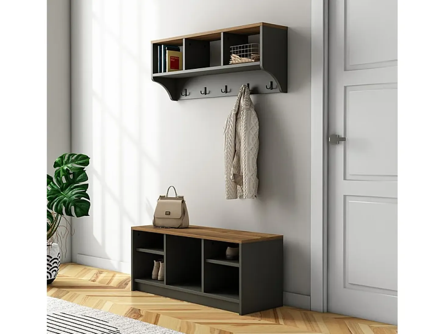 Conjunto muebles recibidor: banco zapatero y perchero de pared de madera Parson - Negro