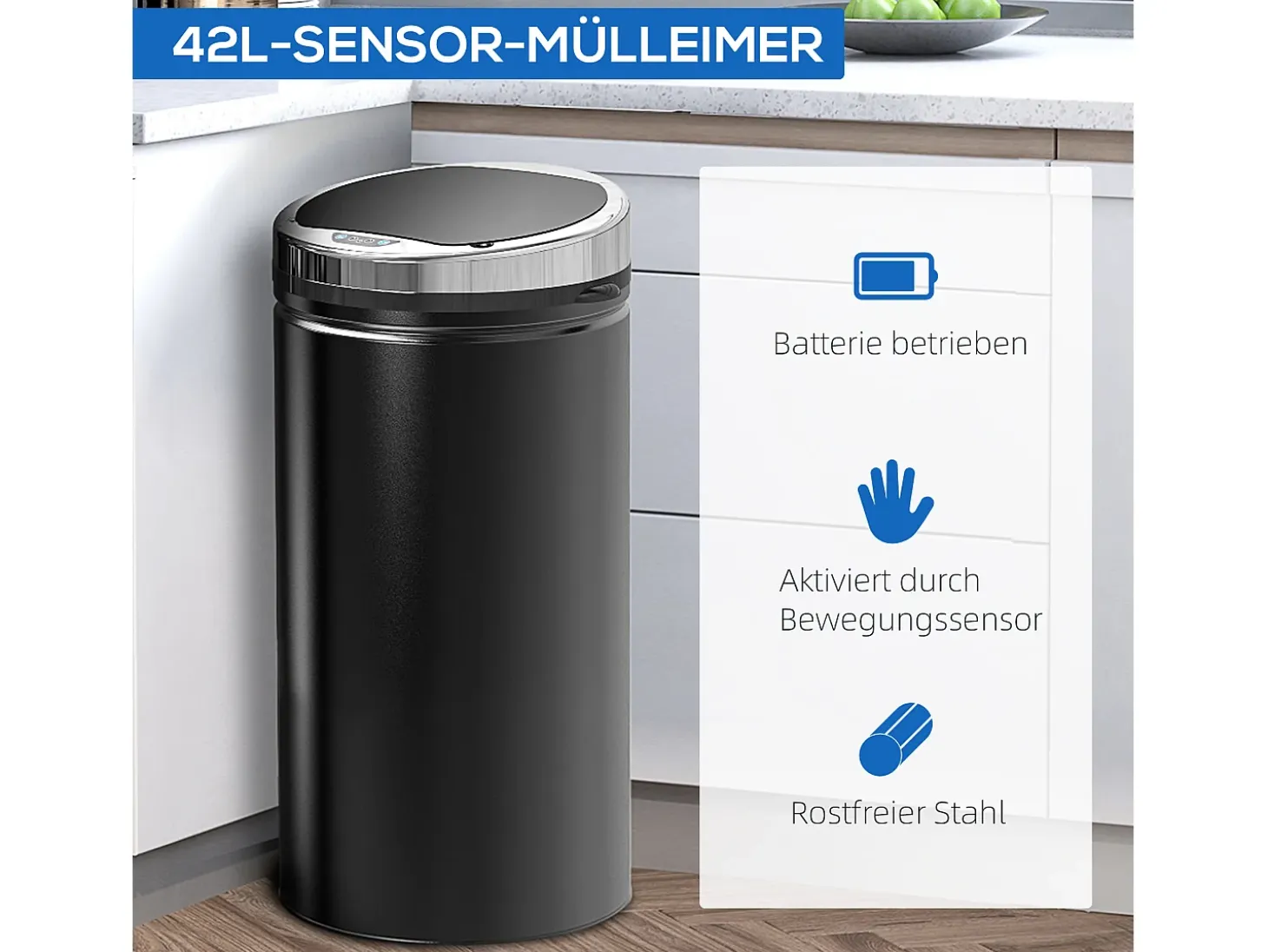 Contenedor sensorial de 42L, apertura automática, acero inoxidable, negro (30,5x30,5x68 cm)
