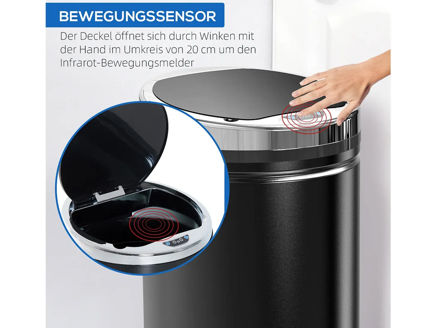 Contenedor sensorial de 42L, apertura automática, acero inoxidable, negro (30,5x30,5x68 cm)