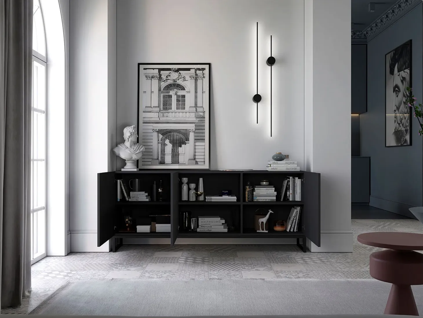 Credenza con 3 ante – corpo Nero opaco, frontali scanalati Nero opaco – 168 cm, struttura in metallo nero