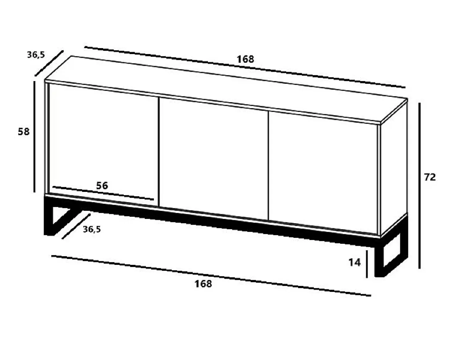 Credenza con 3 ante – corpo Nero opaco, frontali scanalati Nero opaco – 168 cm, struttura in metallo nero