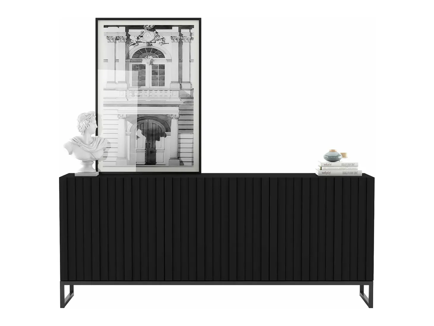 Credenza con 3 ante – corpo Nero opaco, frontali scanalati Nero opaco – 168 cm, struttura in metallo nero