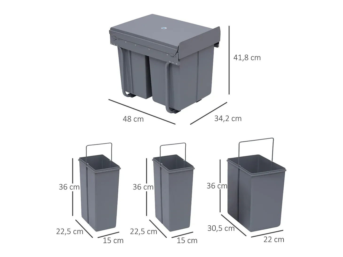 Cubo de basura de reciclaje gris 48x34,2x41,8 cm HOMCOM