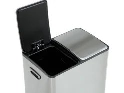 Cubo de clasificación de basura con pedal en acero inoxidable, 2 compartimentos de 30L, Cromado, GANEM